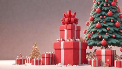 The primary subject of the image is a large red gift box, which is prominently displayed in front of a Christmas tree. The setting is a winter scene, with the tree being the main backdrop. The visual style of the image is a combination of digital art and illustration, creating a festive and holiday atmosphere. The colors are predominantly red and white, which are associated with Christmas and gift-giving.